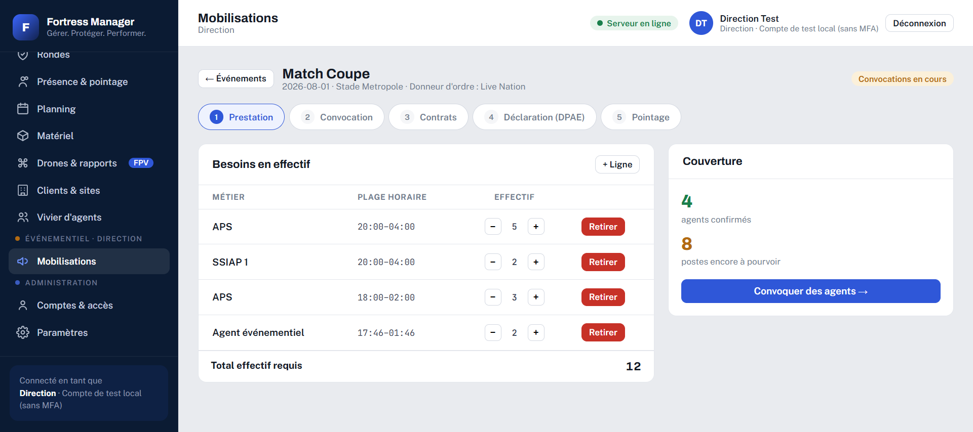 Gestion d'un événement — mobilisation, DPAE, contrats CDD, convocations, pointage