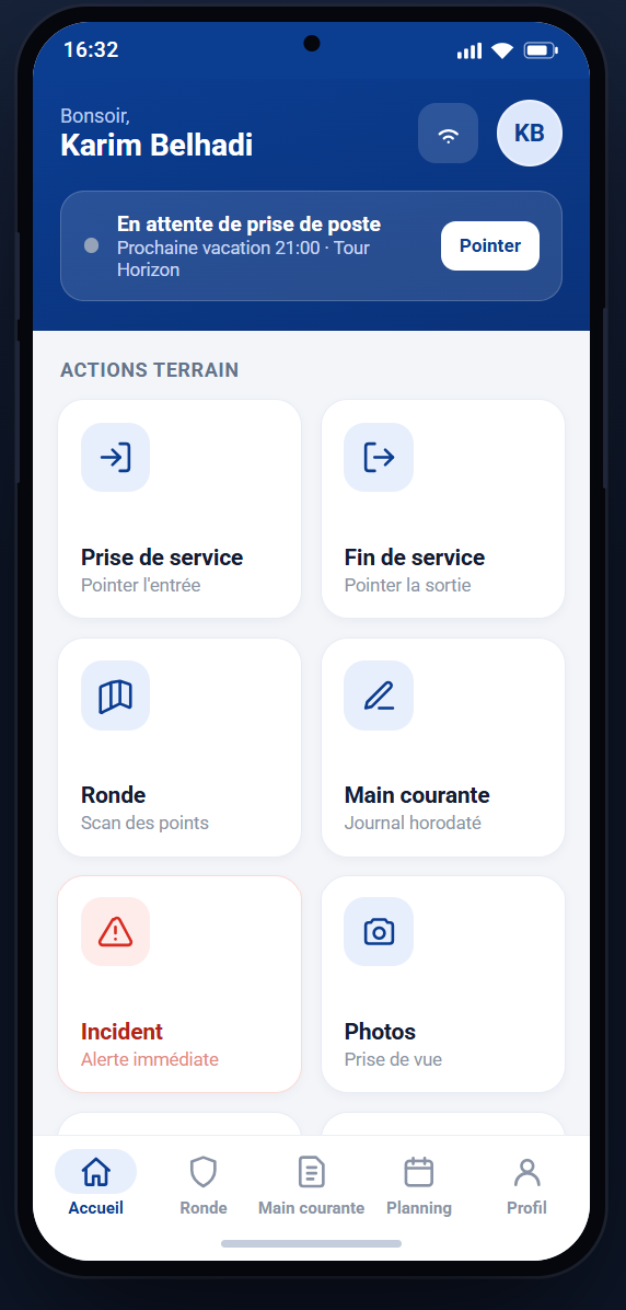 Accueil agent — actions terrain