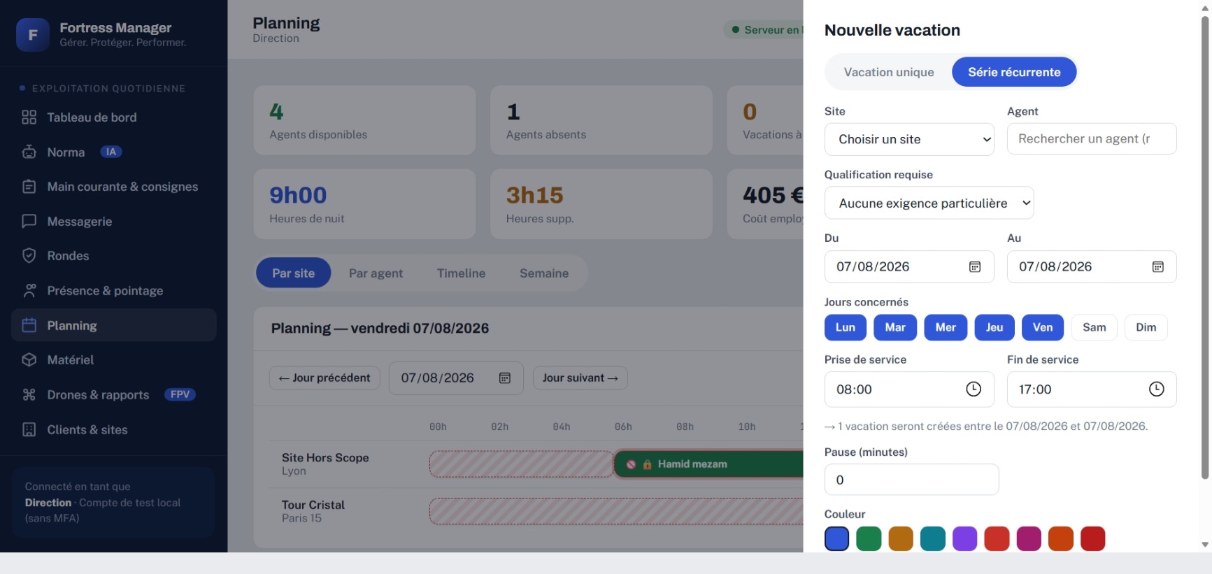 Planning Fortress Manager — création d'une nouvelle vacation